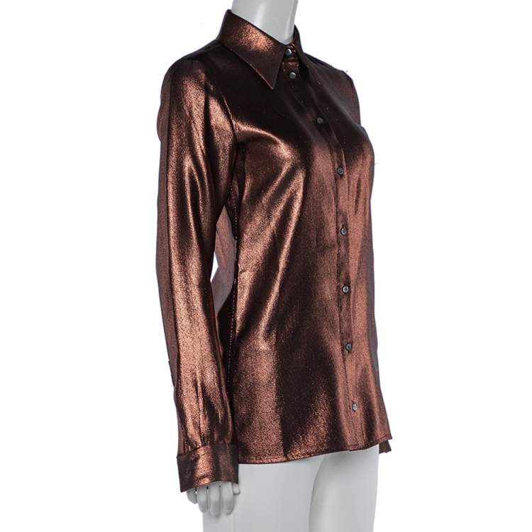 Pre Owned Victoria Victoria Beckham Brown Lamé Long Sleeve Shirt XS