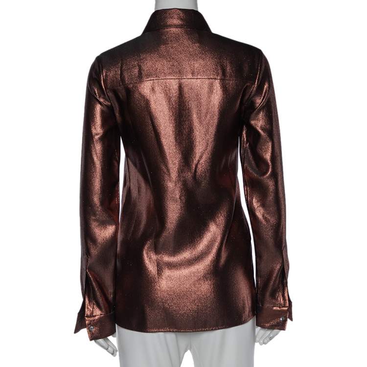 Pre Owned Victoria Victoria Beckham Brown Lamé Long Sleeve Shirt XS