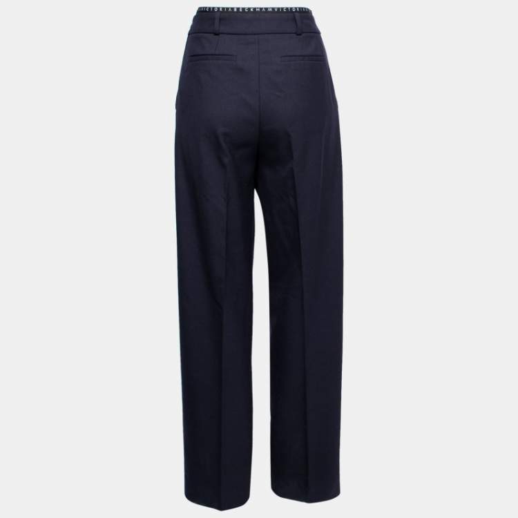 Pre Owned Victoria Victoria Beckham Midnight Blue Wool Logo Tape Trim Detail Straight Leg Pants S