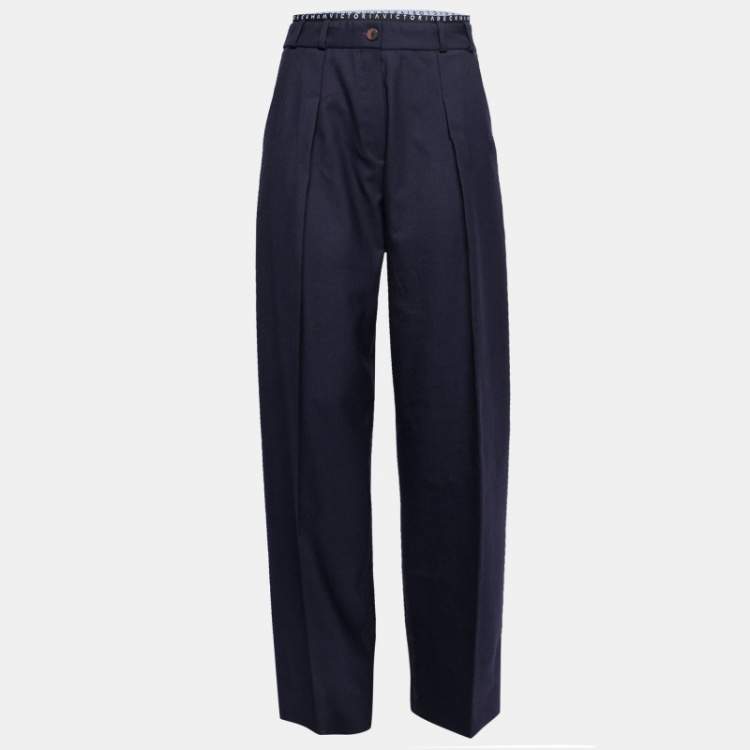 Pre Owned Victoria Victoria Beckham Midnight Blue Wool Logo Tape Trim Detail Straight Leg Pants S