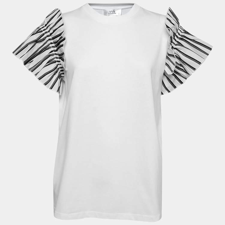 Pre Owned Victoria Victoria Beckham White Cotton Striped Ruffle-Sleeve Top S