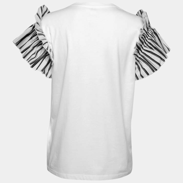 Pre Owned Victoria Victoria Beckham White Cotton Striped Ruffle-Sleeve Top S