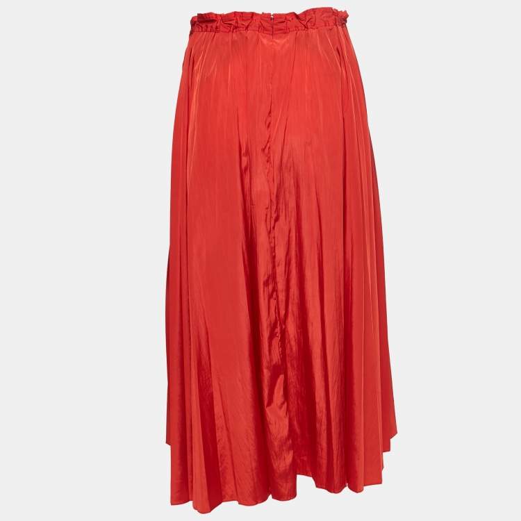 Pre Owned Victoria Victoria Beckham Red Taffeta Pleated Drawstring Midi Skirt S