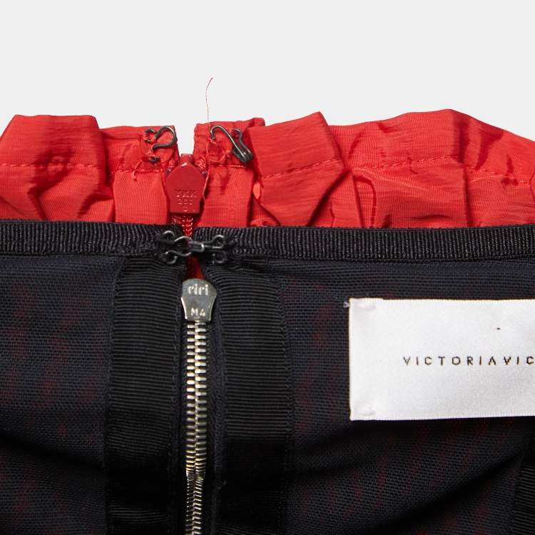Pre Owned Victoria Victoria Beckham Red Taffeta Pleated Drawstring Midi Skirt S