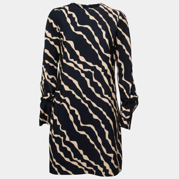 Pre Owned Victoria Victoria Beckham Navy Blue Printed Crepe Long Sleeve Shift Dress S