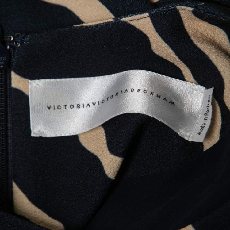 Pre Owned Victoria Victoria Beckham Navy Blue Printed Crepe Long Sleeve Shift Dress S