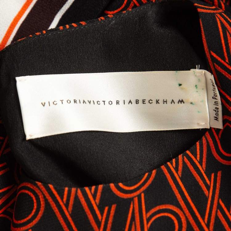 مملوكة مسبقًا Victoria Victoria Beckham Black Monogram Print Crepe Gathered Waist Mini Dress S