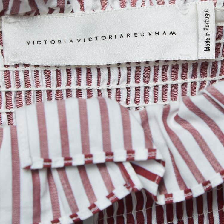 Pre Owned Victoria Victoria Beckham White/Red Striped Cotton Off-Shoulder Blouse S