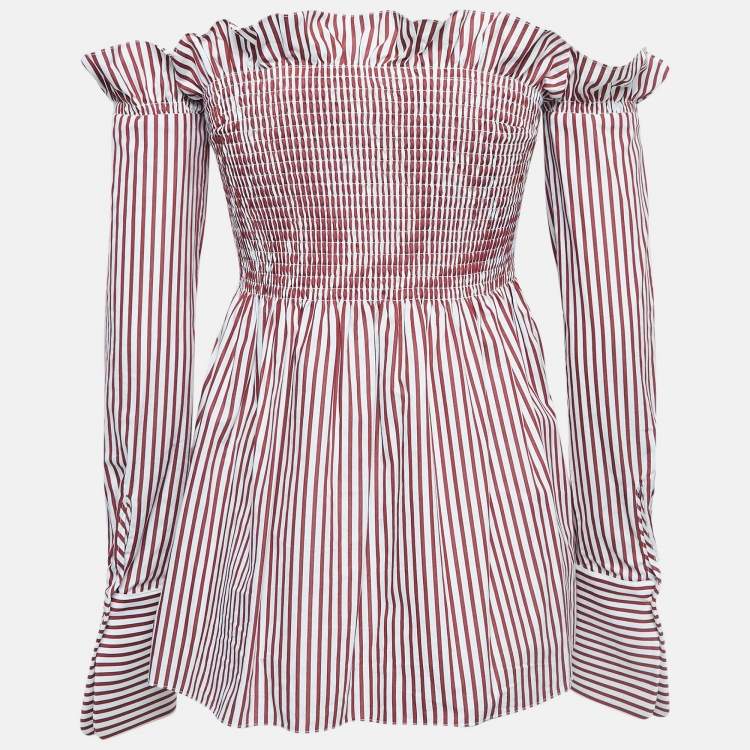 Pre Owned Victoria Victoria Beckham White/Red Striped Cotton Off-Shoulder Blouse S