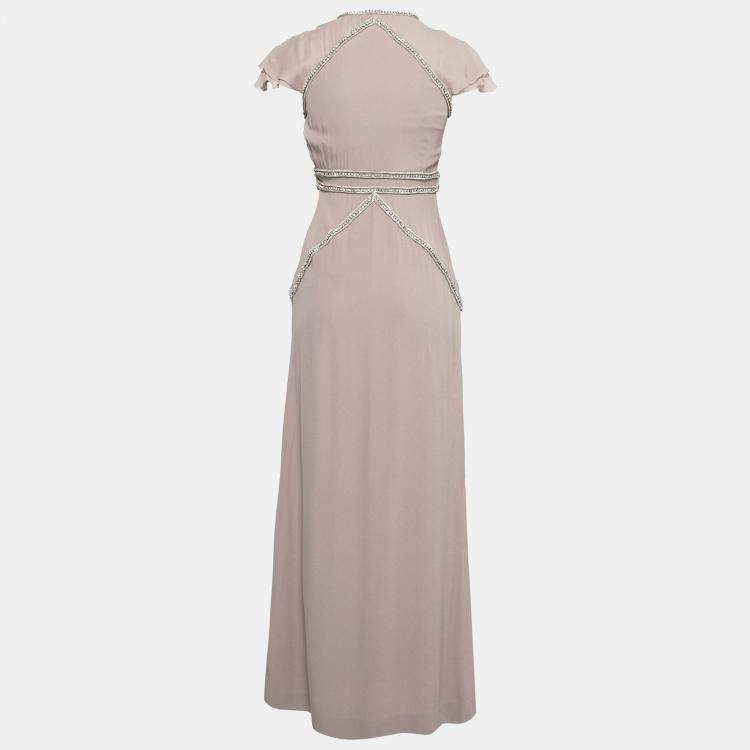 Pre Owned Viktor & Rolf Soir Mauve Silk Crystal Embellished Layered Flutter Sleeve Evening Gown S