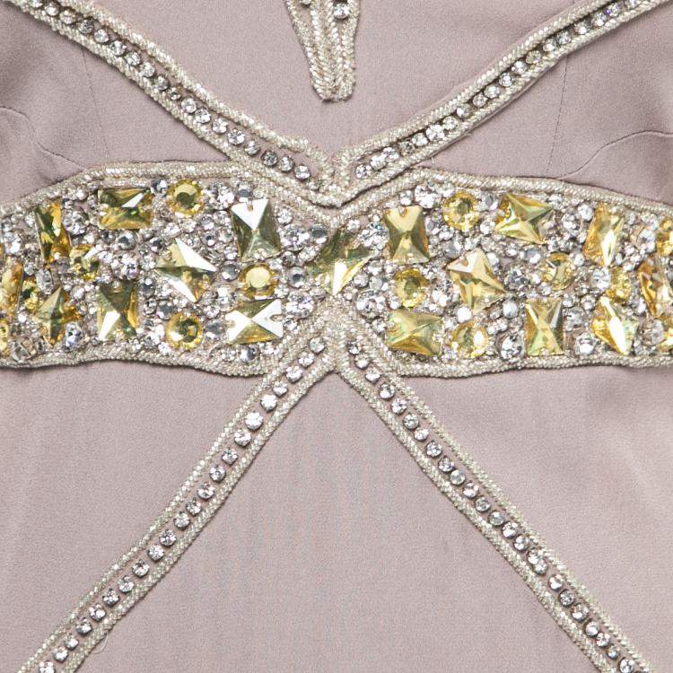 Pre Owned Viktor & Rolf Soir Mauve Silk Crystal Embellished Layered Flutter Sleeve Evening Gown S