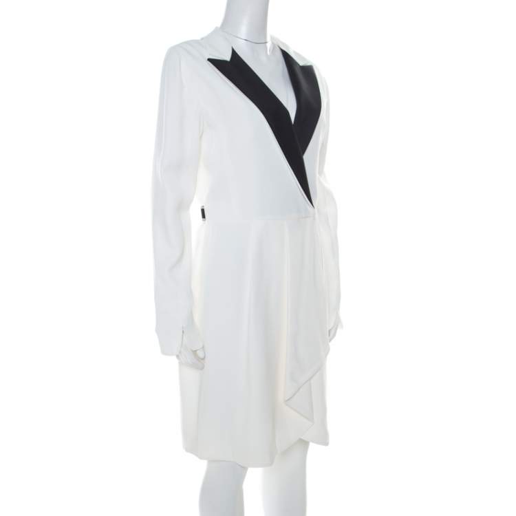 Pre Owned Vionnet Off-White Moss Crepe Short Tuxedo Style Wrap Dress M