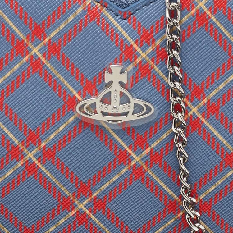 Pre Owned Vivienne Westwood Blue/Red Check Printed Saffiano Heart Zip Crossbody Bag