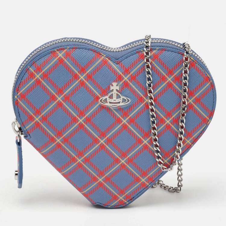 Pre Owned Vivienne Westwood Blue/Red Check Printed Saffiano Heart Zip Crossbody Bag