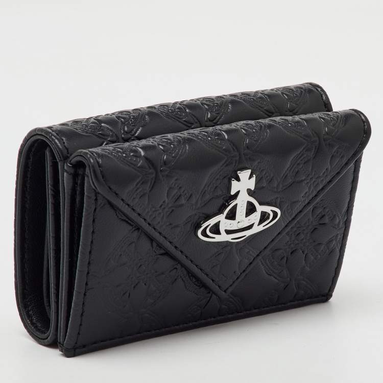 Pre Owned Vivienne Westwood Black Monogram Embossed Leather Envelope Billfold Small Frame Wallet