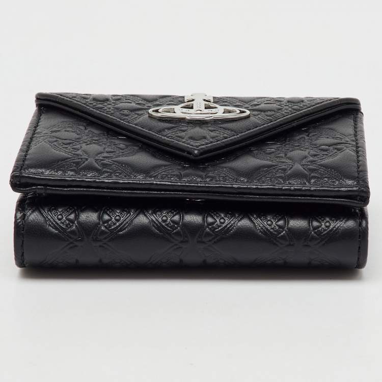 Pre Owned Vivienne Westwood Black Monogram Embossed Leather Envelope Billfold Small Frame Wallet