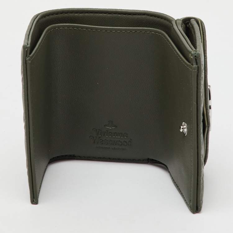 Pre Owned Vivienne Westwood Olive Green Monogram Embossed Leather Envelope Billfold Small Frame Wallet