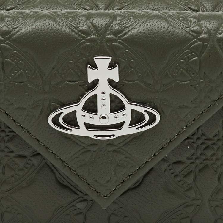 Pre Owned Vivienne Westwood Olive Green Monogram Embossed Leather Envelope Billfold Small Frame Wallet