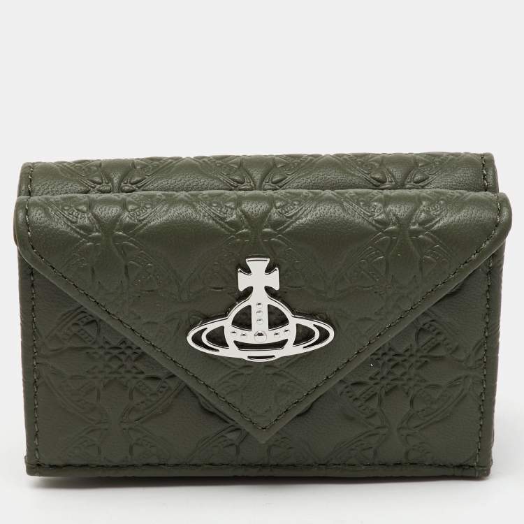 Pre Owned Vivienne Westwood Olive Green Monogram Embossed Leather Envelope Billfold Small Frame Wallet