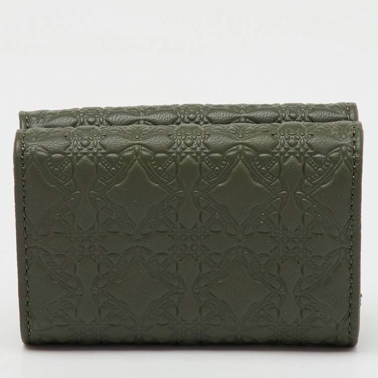 Pre Owned Vivienne Westwood Olive Green Monogram Embossed Leather Envelope Billfold Small Frame Wallet