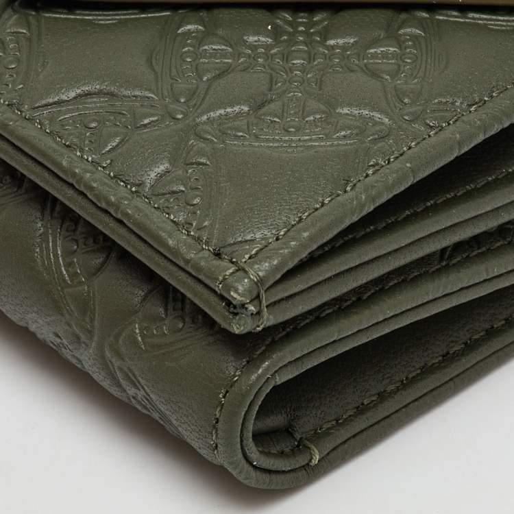 Pre Owned Vivienne Westwood Olive Green Monogram Embossed Leather Envelope Billfold Small Frame Wallet