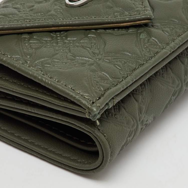 Pre Owned Vivienne Westwood Olive Green Monogram Embossed Leather Envelope Billfold Small Frame Wallet