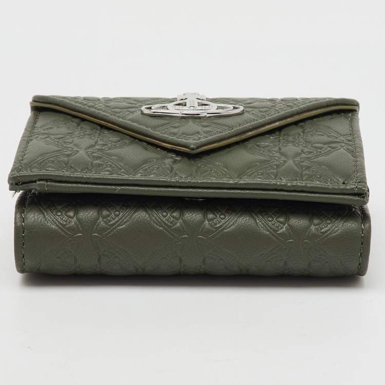 Pre Owned Vivienne Westwood Olive Green Monogram Embossed Leather Envelope Billfold Small Frame Wallet