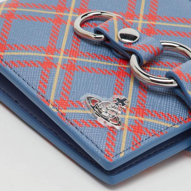 Pre Owned Vivienne Westwood Blue/Orange Tartan Print Saffiano Leather Billfold Bondage Wallet