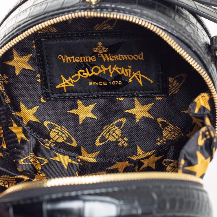 Pre Owned Vivienne Westwood Black Croc Embossed Faux Leather Round Crossbody Bag