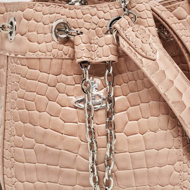 Pre Owned Vivienne Westwood Pink Croc Embossed Leather Chrissy Bucket Bag