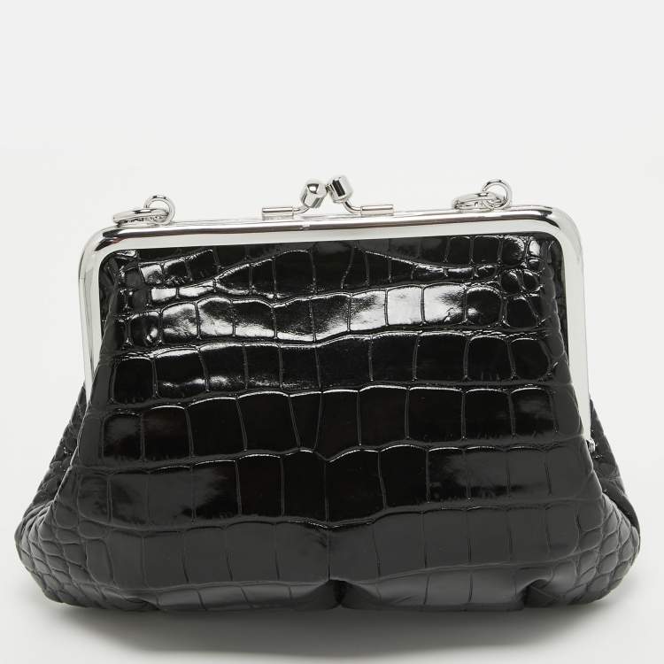 Pre Owned Vivienne Westwood Black Croc Embossed Leather Granny Frame Chain Clutch