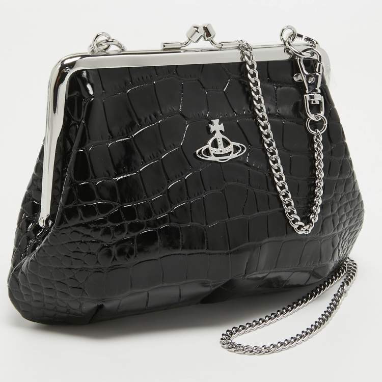 Pre Owned Vivienne Westwood Black Croc Embossed Leather Granny Frame Chain Clutch