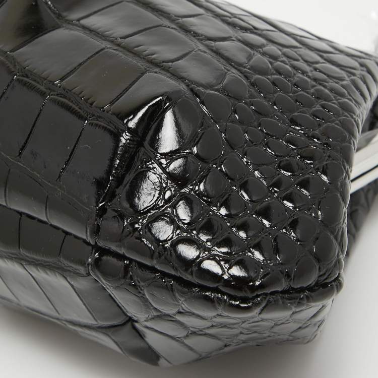 Pre Owned Vivienne Westwood Black Croc Embossed Leather Granny Frame Chain Clutch