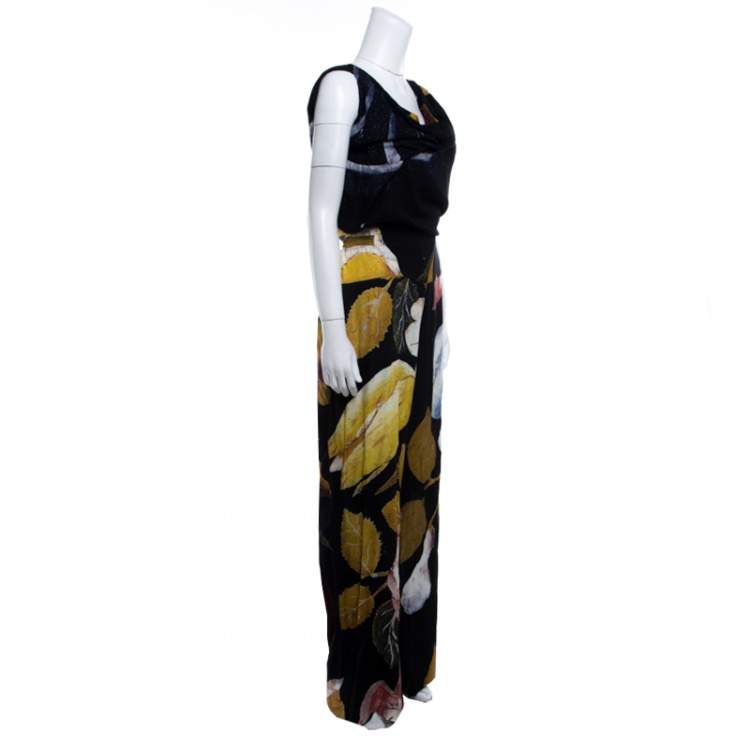 Pre Owned Vivienne Westwood Anglomania Black Leaf Printed Draped Tie Detail Jumpsuit S
