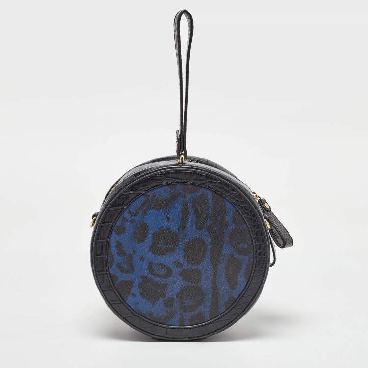 Pre Owned Vivienne Westwood Black/Blue Croc Embossed Leather Round Crossbody Bag
