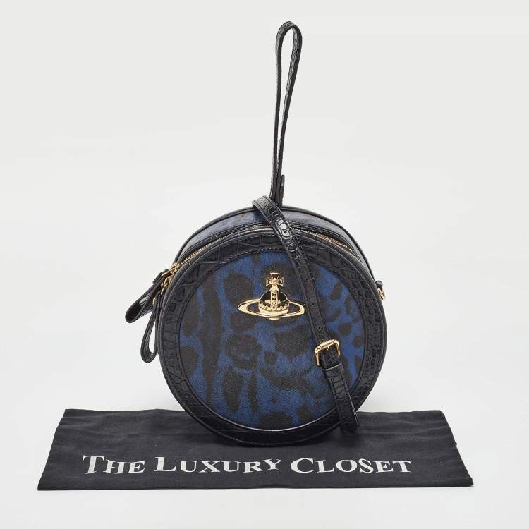 Pre Owned Vivienne Westwood Black/Blue Croc Embossed Leather Round Crossbody Bag