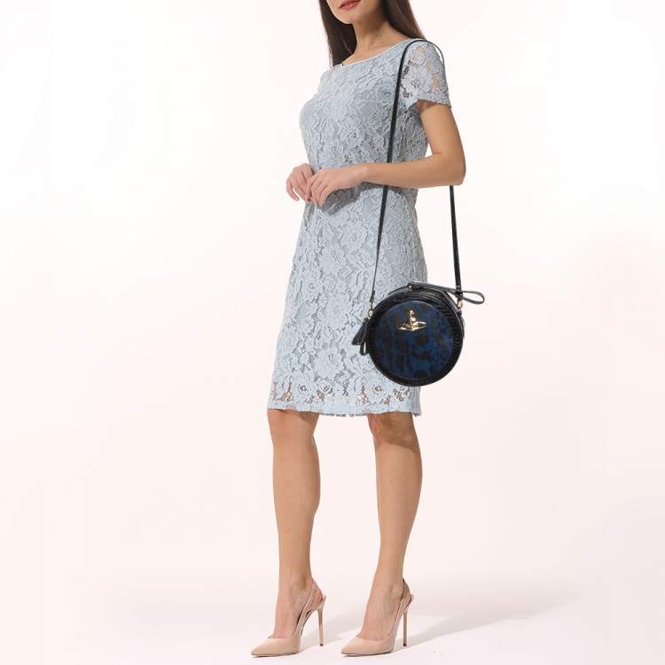 Pre Owned Vivienne Westwood Black/Blue Croc Embossed Leather Round Crossbody Bag