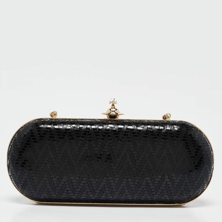 Pre Owned Vivienne Westwood Black Printed Patent Leather Frame Chain Clutch