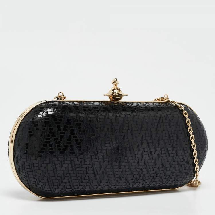 Pre Owned Vivienne Westwood Black Printed Patent Leather Frame Chain Clutch