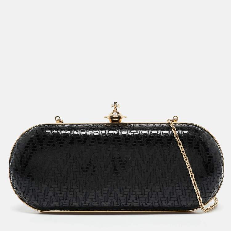 Pre Owned Vivienne Westwood Black Printed Patent Leather Frame Chain Clutch