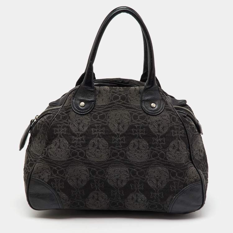 Pre Owned Vivienne Westwood Black Leather and Jacquard Orb Print Satchel