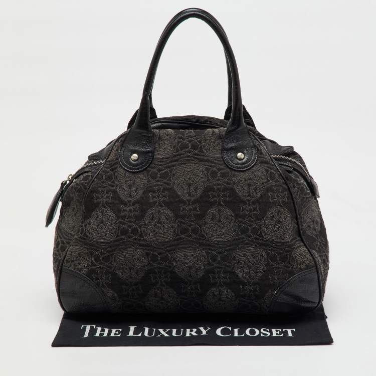 Pre Owned Vivienne Westwood Black Leather and Jacquard Orb Print Satchel