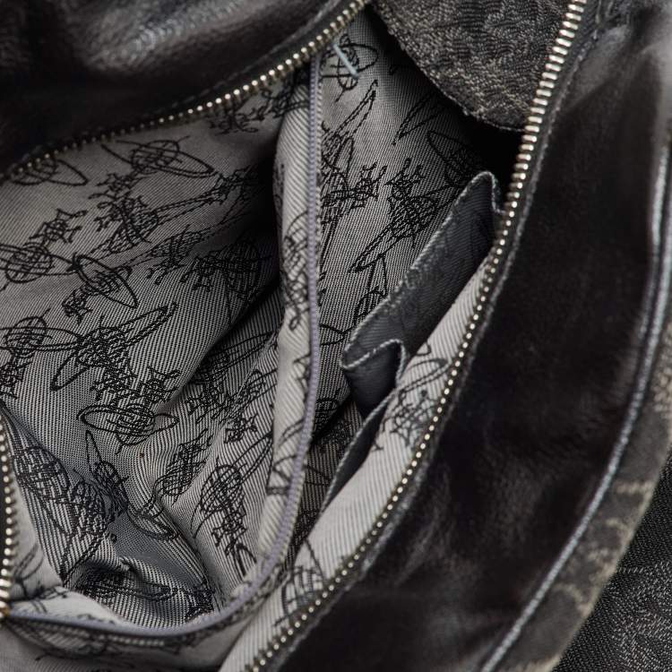 Pre Owned Vivienne Westwood Black Leather and Jacquard Orb Print Satchel