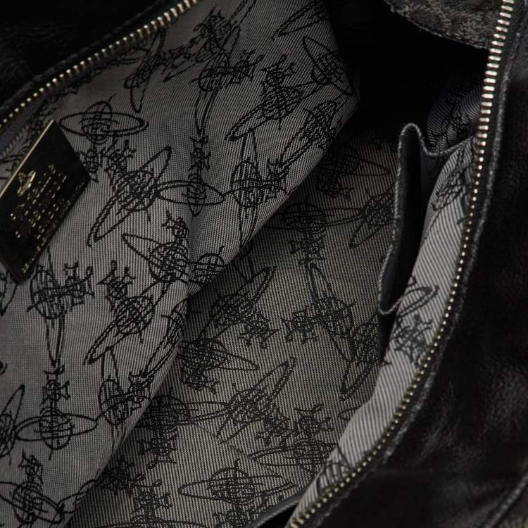 Pre Owned Vivienne Westwood Black Leather and Jacquard Orb Print Satchel