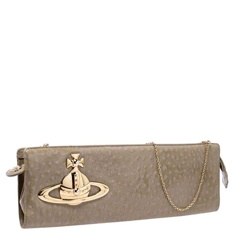 Pre Owned Vivienne Westwood Beige Ostrich Embossed Ebury Chain Clutch
