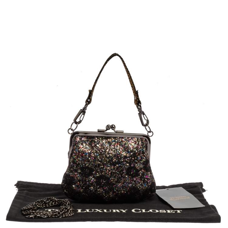 Pre Owned Vivienne Westwood Multicolor Lace and Glitter Kiss Lock Chain Clutch 
