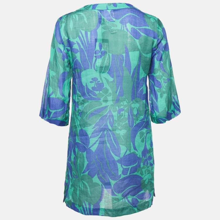 Pre Owned Weekend Max Mara Green/Blue Floral Print Ramie Buttoned Tunic XS