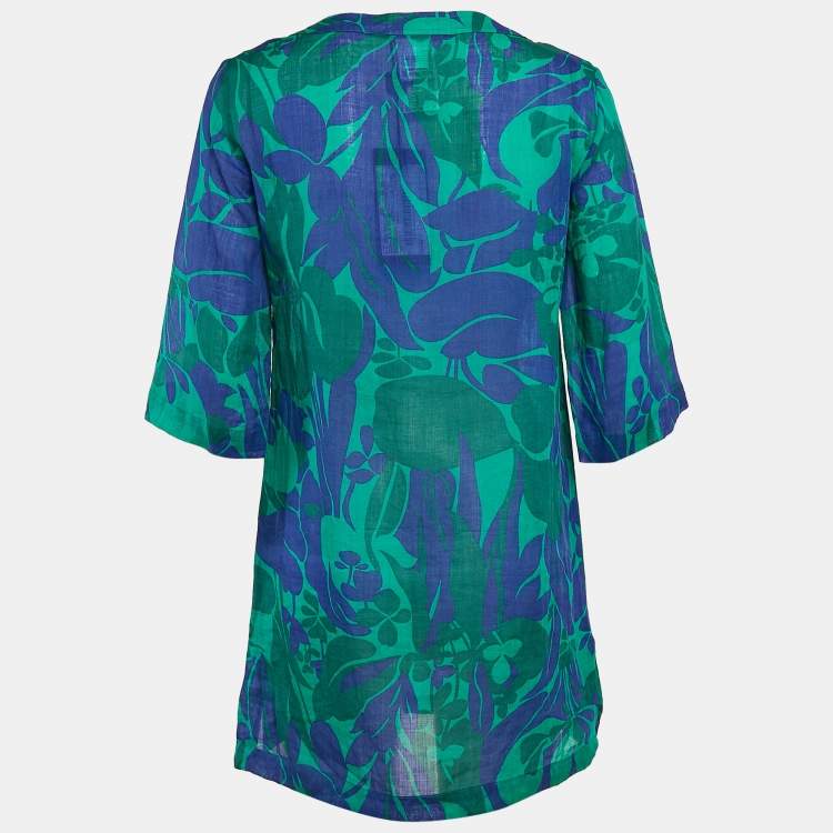 Pre Owned Weekend Max Mara Green/Blue Floral Print Ramie Buttoned Tunic S