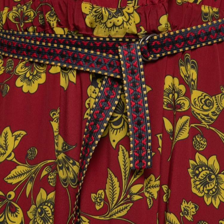 Pre Owned Weekend Max Mara Red Printed Silk Belted Maxi Dress L