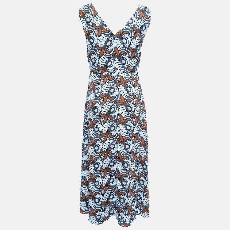 Pre Owned Weekend Max Mara Blue Printed Crepe V-Neck Midi Dress M